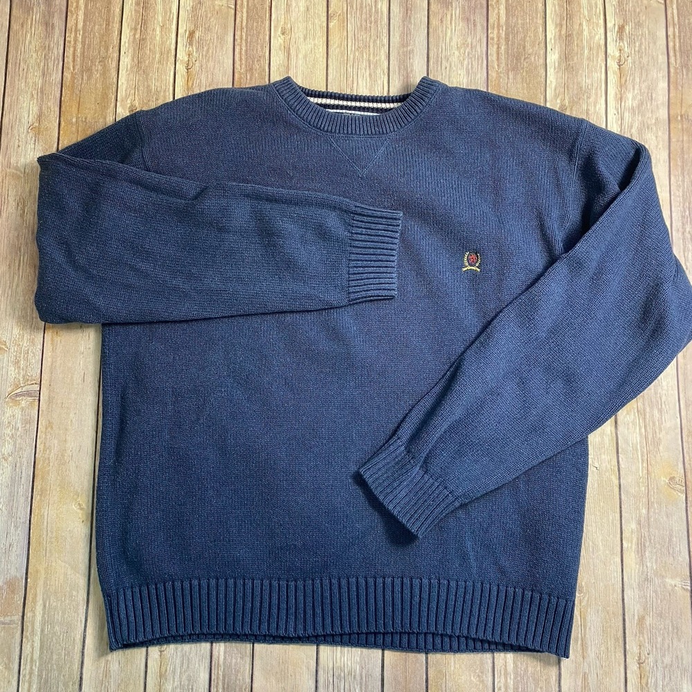 Vintage Tommy Hilfiger Crest Logo Crewneck Sweater Mens XXL Navy Blue 90s Knit